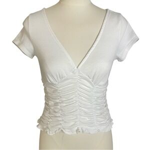 White Ruched Ruffle Hem Tee Balletcore Coquette Top Stretchy S/M 18" PTP